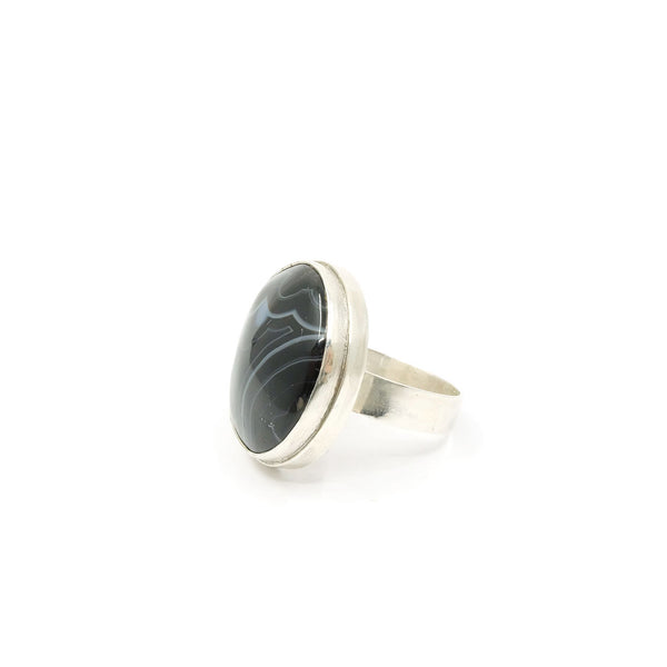 Black Banded Agate Gemstone Ring Set in Sterling Silver 'CONFIDENCE'