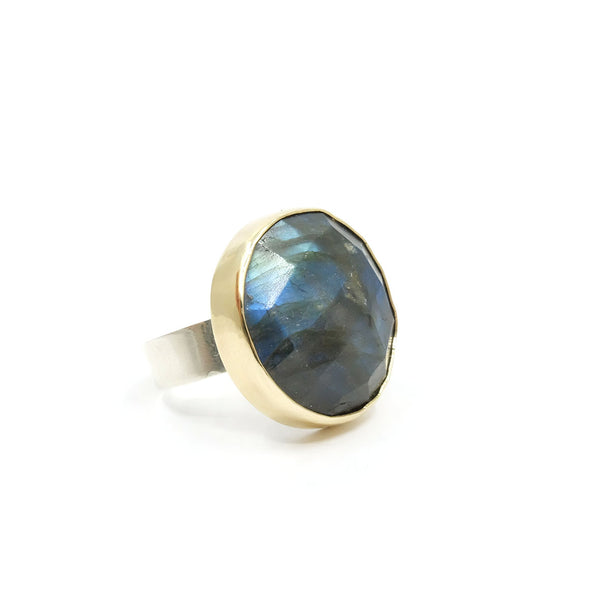 Labradorite Faceted Round Gemstone Ring set in 9ct Gold 'PROTECTION'
