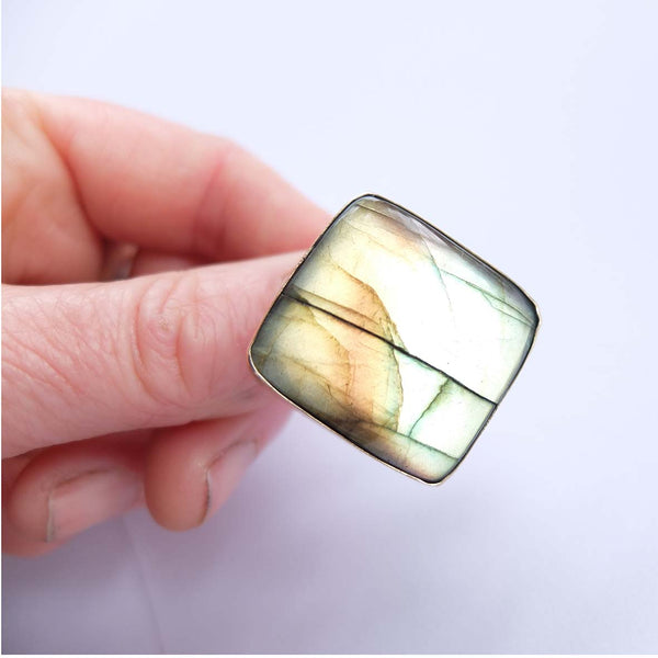 Labradorite Cushion Cut Gemstone Ring set in 9ct Gold 'PROTECTION'