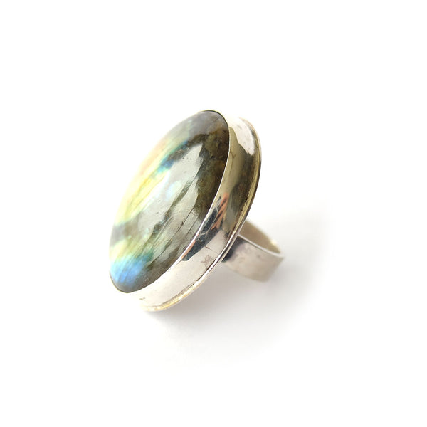 Labradorite Large Round Gemstone Ring set in Sterling Silver 'PROTECTION'