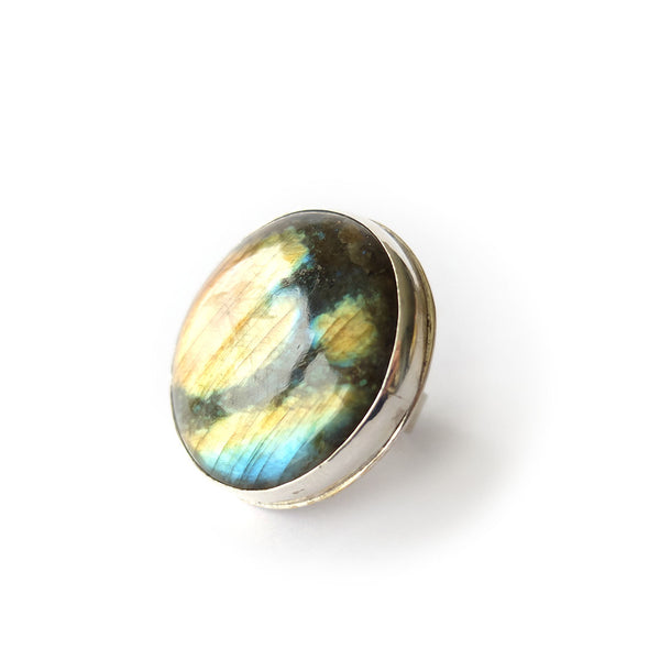 Labradorite Large Round Gemstone Ring set in Sterling Silver 'PROTECTION'