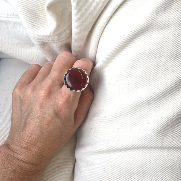 ORANGE BANDED AGATE GEMSTONE RING SET IN STERLING SILVER