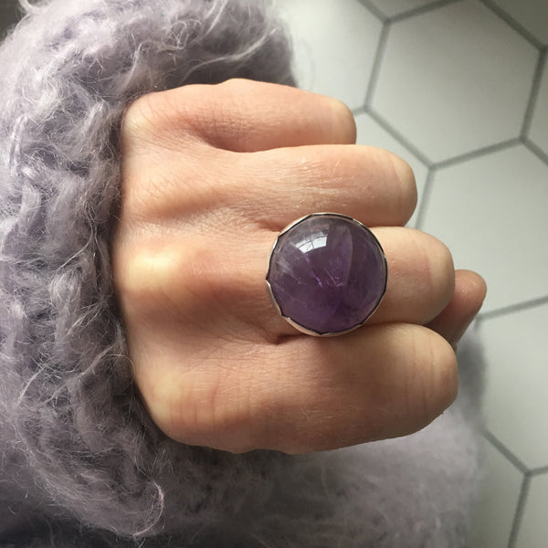 Sterling Silver Gemstone Ring with a unique Amethyst stone - on hand