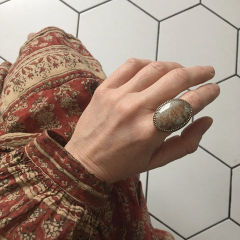 Mexican Lace Agate Gemstone Ring - Silver & Gold - worn on hand