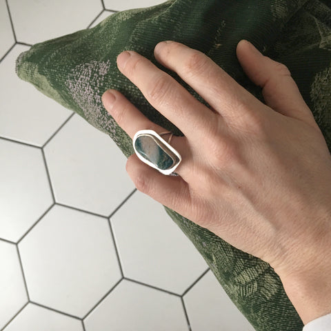 unique shape oval Chrysocolla Gemstone Ring in Silver