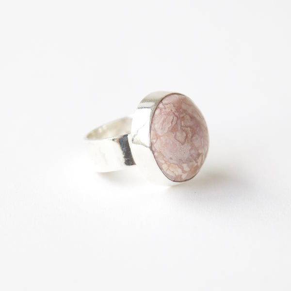 Rhodochrosite gemstone ring in sterling silver - front right side