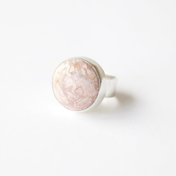 Rhodochrosite gemstone ring in sterling silver - front left side