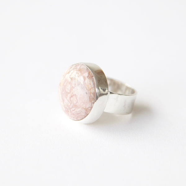 Rhodochrosite gemstone ring in sterling silver - from left