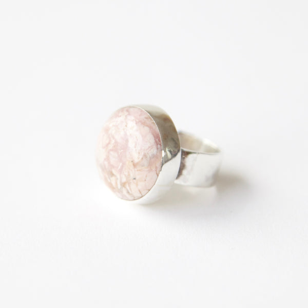 Rhodochrosite gemstone ring in sterling silver - left side