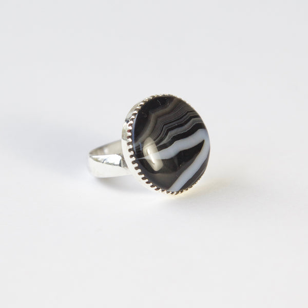 Black Striped Agate Gemstone Ring Set in Sterling Silver 'CONFIDENCE'