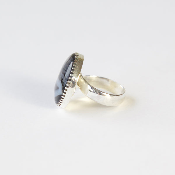 Black Striped Agate Gemstone Ring Set in Sterling Silver 'CONFIDENCE'