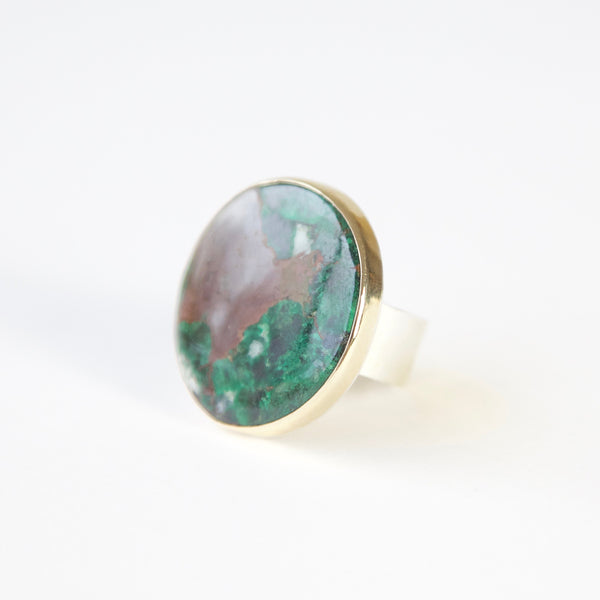 Round Chrysocolla Gemstone Ring in gold and silver