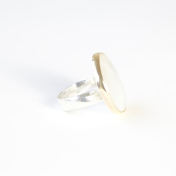 mother of pearl ring - semi precious gemstone ring set in gold with a silver band - right side