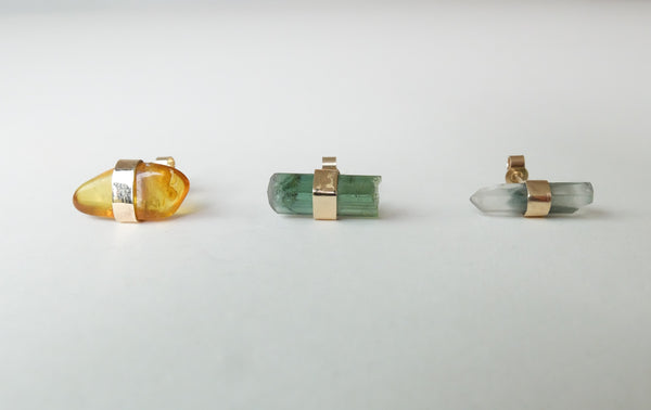 9ct Gold Phantom Quartz Amber Green Tourmaline Gemstone Single Stud Earring  - 'Change'