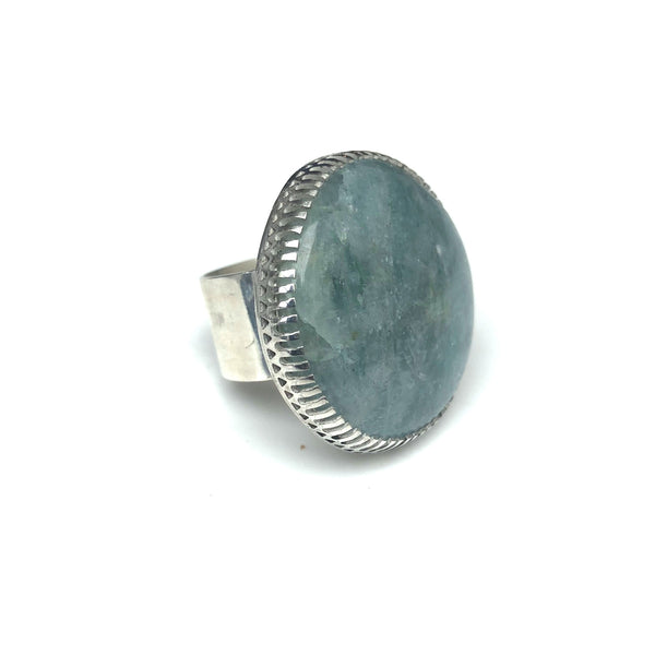 aquamarine gemstone ring in sterling silver side view - handmade by alice eden