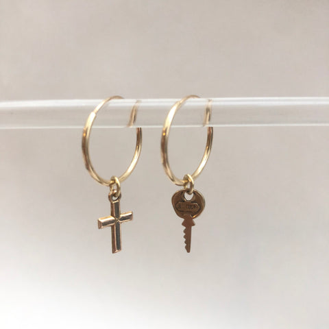 Vintage 9ct Gold Charm Hoops - Cross & Key