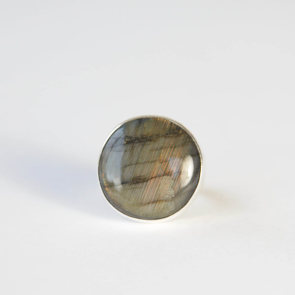 labradorite round gemstone ring in sterling silver - semi precious stone rings - front view