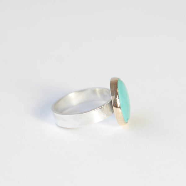bright small turquoise gemstone ring set in 9ct gold with silver ring - right side