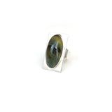 Oval tigers eye gemstone ring set in square sterling silver setting - shown from left