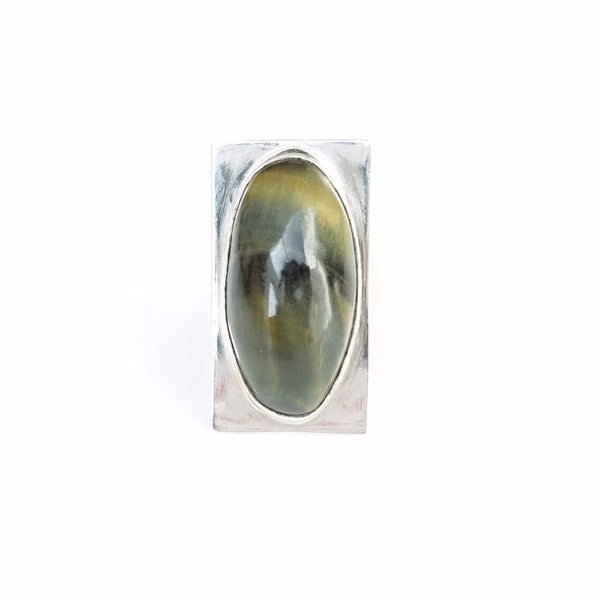 Oval tigers eye gemstone ring set in square sterling silver setting - from above