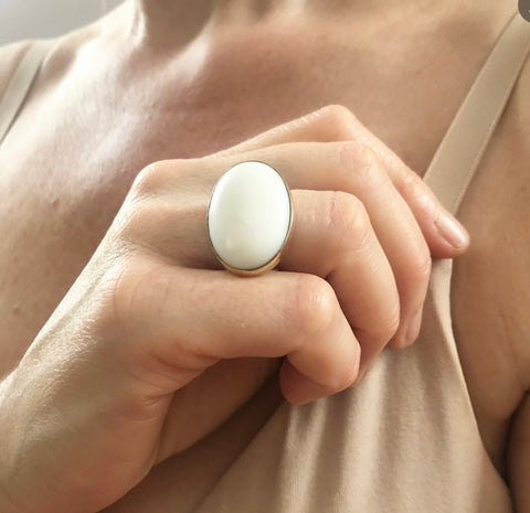 White Onyx Gemstone Ring Set in 9ct Gold & Sterling Silver 'CALM'