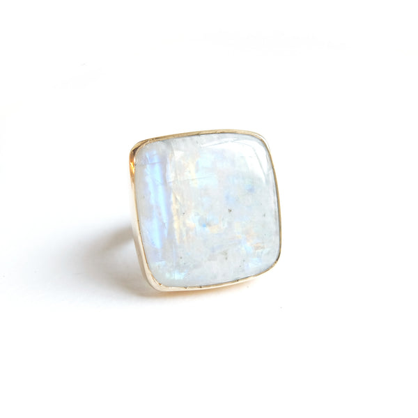 Large Rainbow Moonstone Square Gemstone Ring Set in 9ct Gold 'NEW BEGINNINGS'