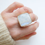 Large Rainbow Moonstone Square Gemstone Ring Set in 9ct Gold 'NEW BEGINNINGS'