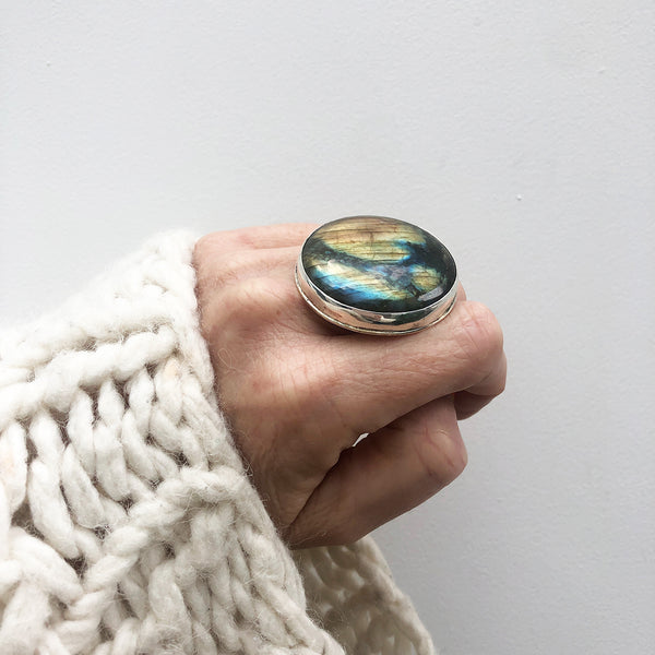 Labradorite Large Round Gemstone Ring set in Sterling Silver 'PROTECTION'