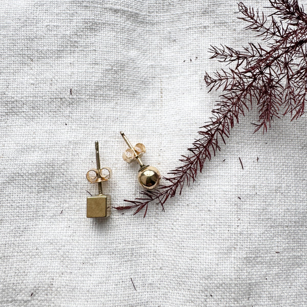Gold Ball & Box Stud Earrings