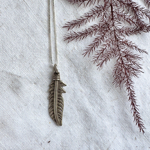 Thai Silver Feather Pendant on Box Chain Necklace