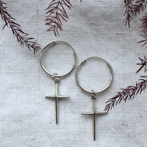 Silver Cross  Charm Hoop Earrings