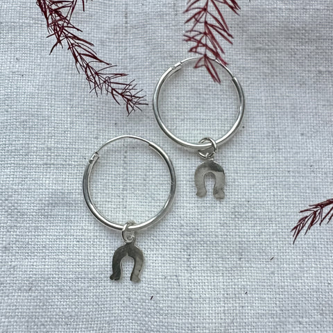Silver Lucky Horseshoe Charm Hoop Earrings