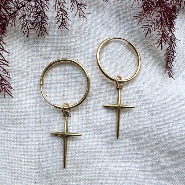 Gold Cross Charm Hoop Earrings