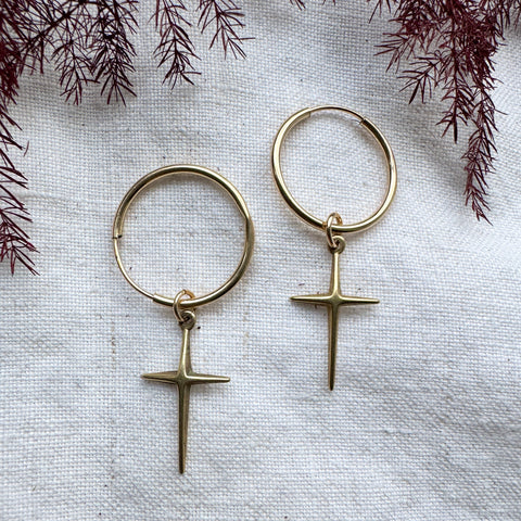Gold Cross Charm Hoop Earrings