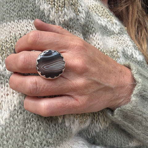 Botswana Agate Gemstone Ring Set in Sterling Silver - 'SUPPORT'