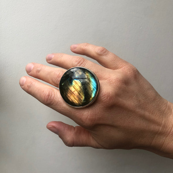 Labradorite Large Round Gemstone Ring set in Sterling Silver 'PROTECTION'