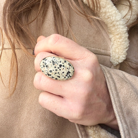 Dalmatian Jasper Gemstone Ring Set In 9ct Gold & Silver  'DETERMINATION'