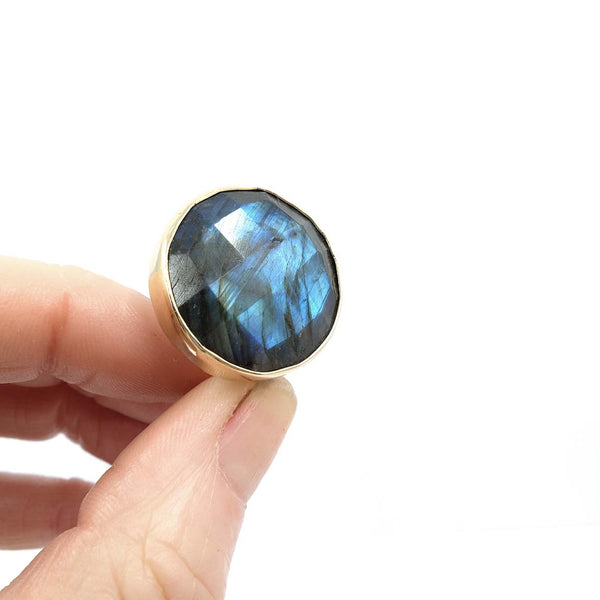 Labradorite Faceted Round Gemstone Ring set in 9ct Gold 'PROTECTION'