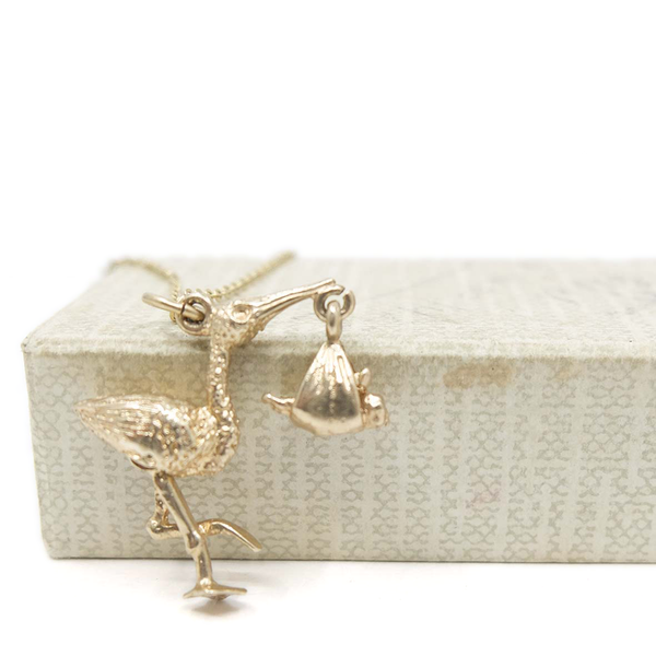 Vintage 9ct Gold Stork & Baby Charm