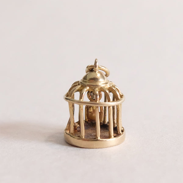 Vintage 9ct Gold Charm - Bird Cage Charm with tiny gold bird