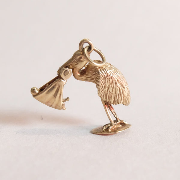 Vintage 9ct Gold Stork & New Baby Charm Penda