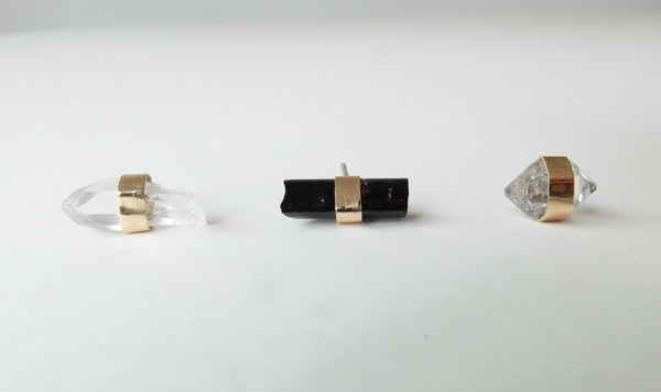 9ct Gold Raw Black Tourmaline Herkimer Diamond Crystal QuartzSemi-Precious Stud Earring Protection