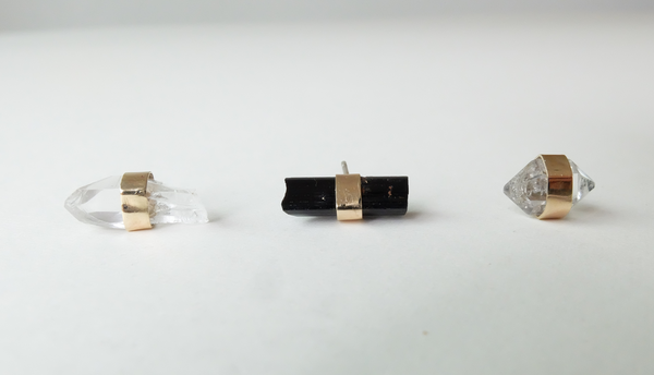 9ct Gold Herkimer Diamond Black Tourmaline Gemstone Single Stud Earring - 'Clarity'