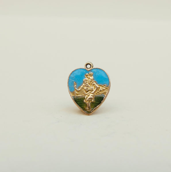 Vintage 9ct Gold Heart Shaped Enamelled St Christopher Charm