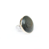 Obsidian Round Gemstone Ring Set in 9ct Gold & Sterling Silver 'SELF REFLECTION'