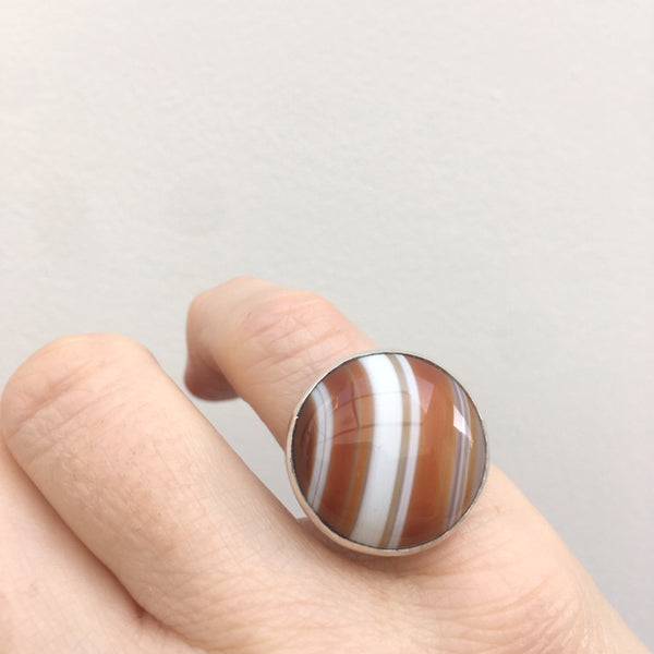 Orange Banded Agate Gemstone Ring in Sterling Silver - worn on hand