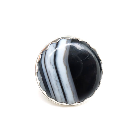 black banded agate gemstone ring in sterling silver
