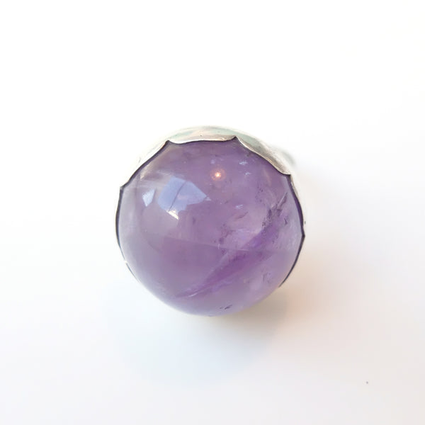 Sterling Silver Gemstone Ring with a unique round cloudy purple Amethyst stone - front vie