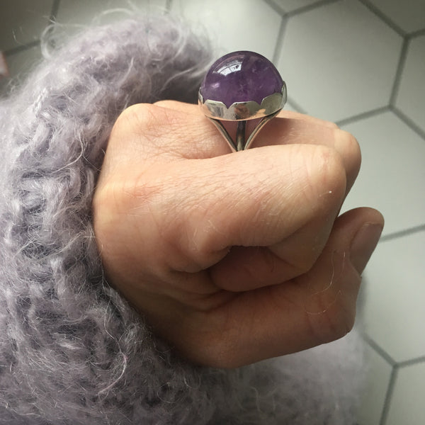Sterling Silver Gemstone Ring with a unique round Amethyst stone - on hand