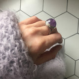 Sterling Silver Gemstone Ring with a unique round Amethyst stone - on hand from top